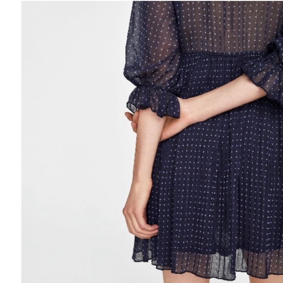 Zara Polka Dot Navy Dress with Pleats - Picture 3 of 10